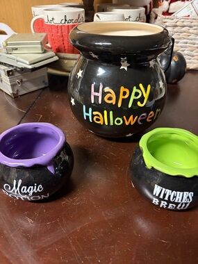 Happy Halloween Ceramic Cauldron Candle Holder - Black with Multicolor Lettering